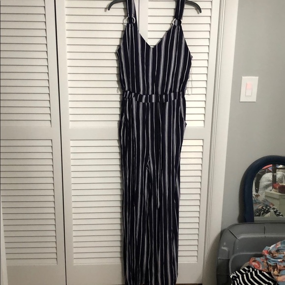 Stripped Jumpsuit with Pockets - Picture 1 of 2